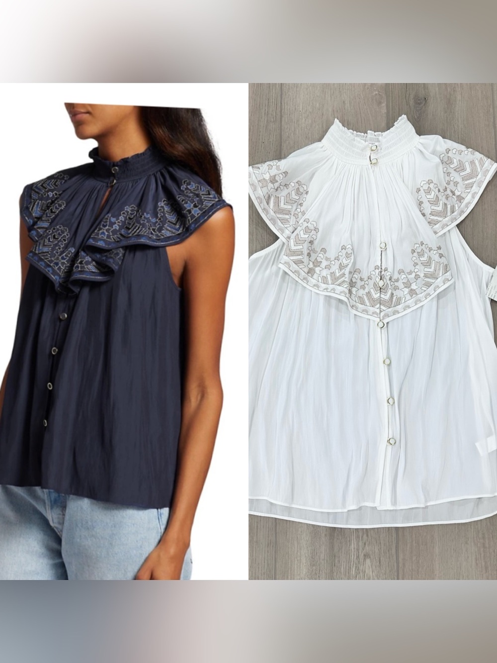 NWT Ramy Brook Abbe top flutter trim gold button bohemian ivory small
